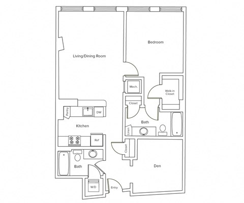 Floor plan for 1 bed, 2 baths, 947 sqft